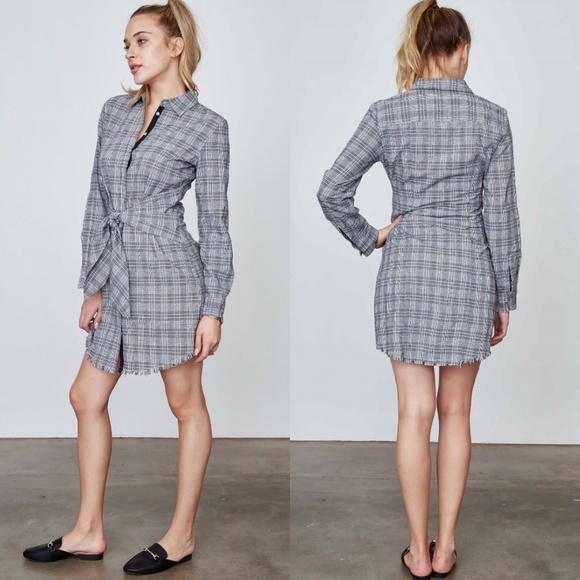 💖Gray Plaid Tunic Shirtdress w. Frayed Hem - Picture 2 of 4
